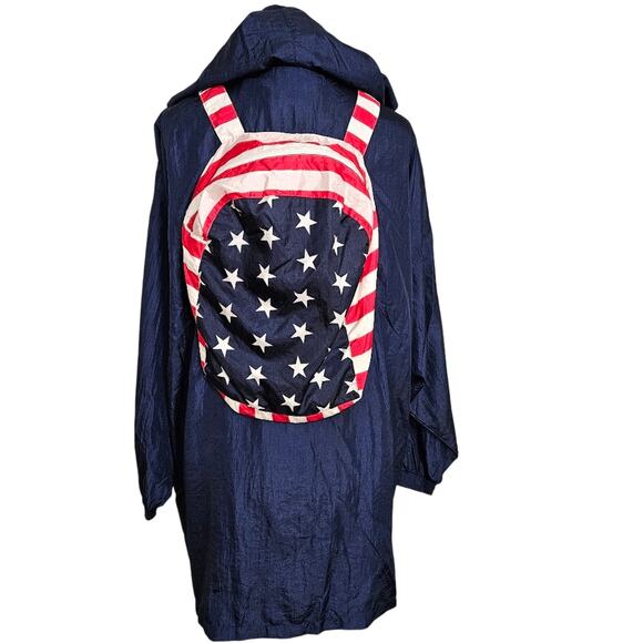 Vintage Blue Backpack Jacket Americana Flag Design Rain Windbreaker Patriotic XL - Picture 2 of 13